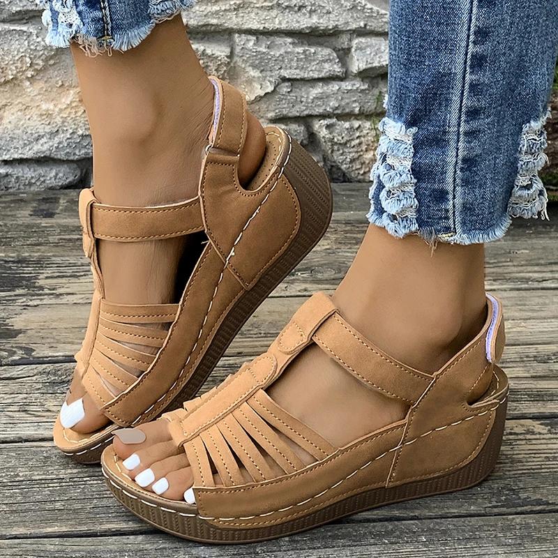 

Fashion Retro Hollow Out Wedge Sandals Women 2025 Summer Peep Toe Platform Gladiator Sandals Woman Thick Sole Comfortable Beach Shoes 43 хаки