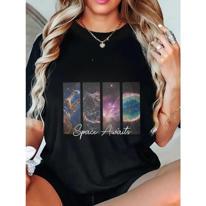 Übergroßes T-Shirt Schwarz Weltraumnebel Galaxie-Druck mit Text Space Awaits Lässige Alltagskleidung