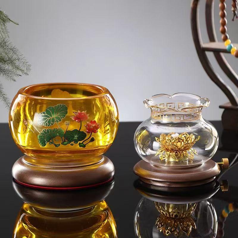 Large Windproof Crystal Oil Lamp Holder for Buddha Offering - Heat-Resistant for Long-Burning Liquid Ghee in Household or Temple.