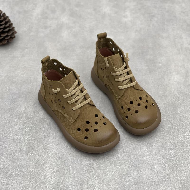 Johnature Retro Genuine Leather Hollow-out Boots Round Toe Flat Elastic Lace-up Soft Cowhide Women's Sandals