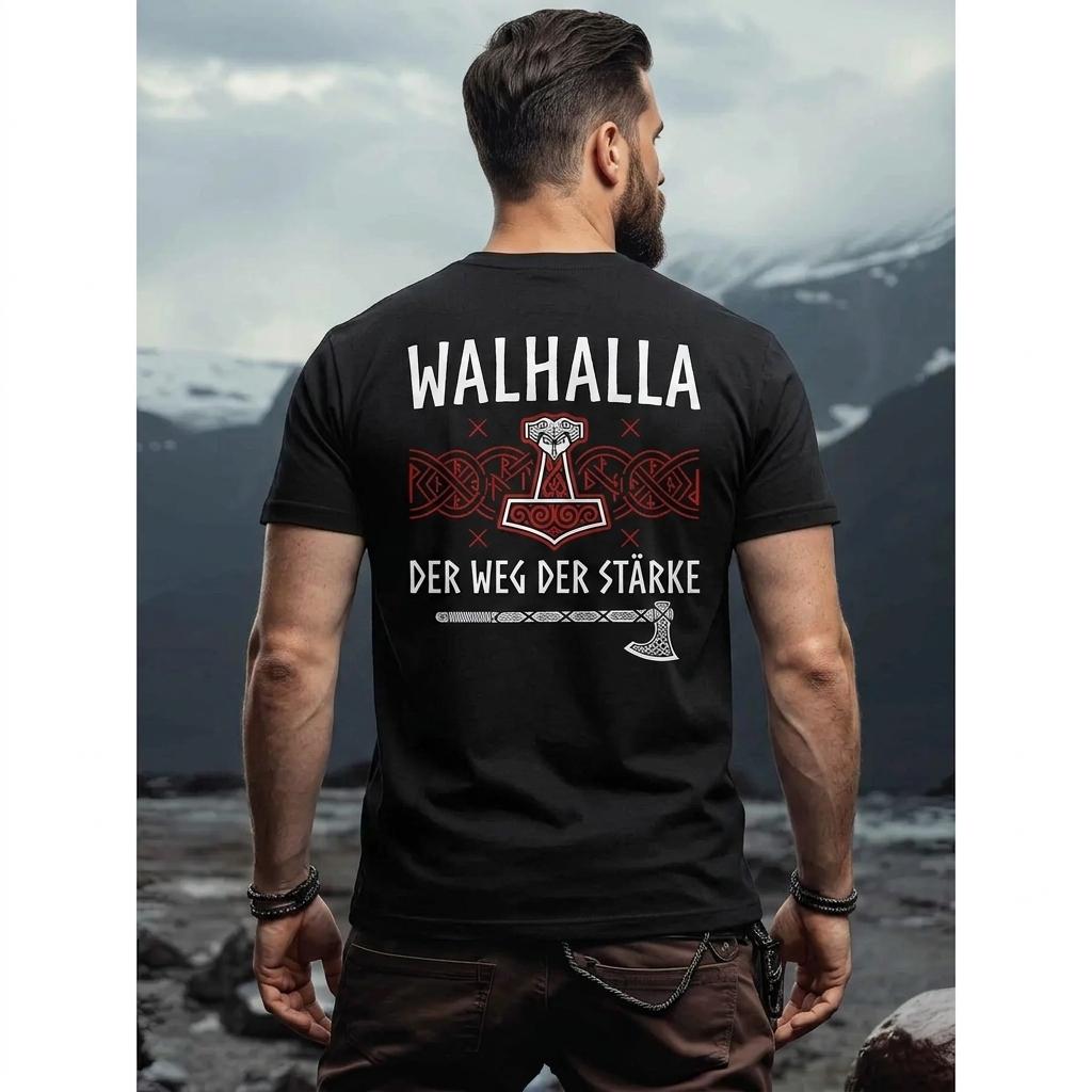 Men's Viking Graphic T-Shirt with Norse Mythology Design, Short Sleeve Crew Neck Cotton Tee for Outdoor Adventure and Casual Wear