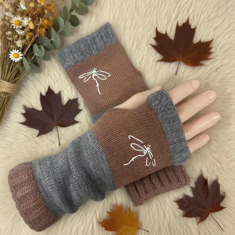 Gants en tricot sans doigts avec broderie de chat et patchwork, Gants décontractés ouverts aux doigts tendance pour femme, Mitaines chaudes d'hiver sans doigts