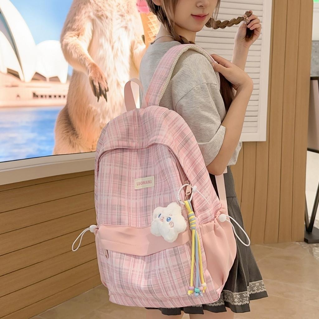 School bag: summer scorching mint soda, light blue checkered soft girl exclusive small backpack, campus sweet style student backpack