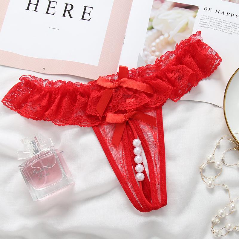 Lace Open Crotch Thong Massage Pearls Erotic Panties Women's Sensual Transparent Hot Free T Pants Large Size