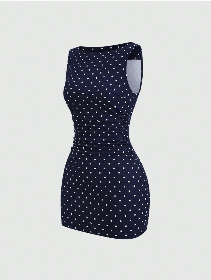 Elegant Sleeveless Polka Dot Dress with Pleated Waist for Women - Spring/Summer