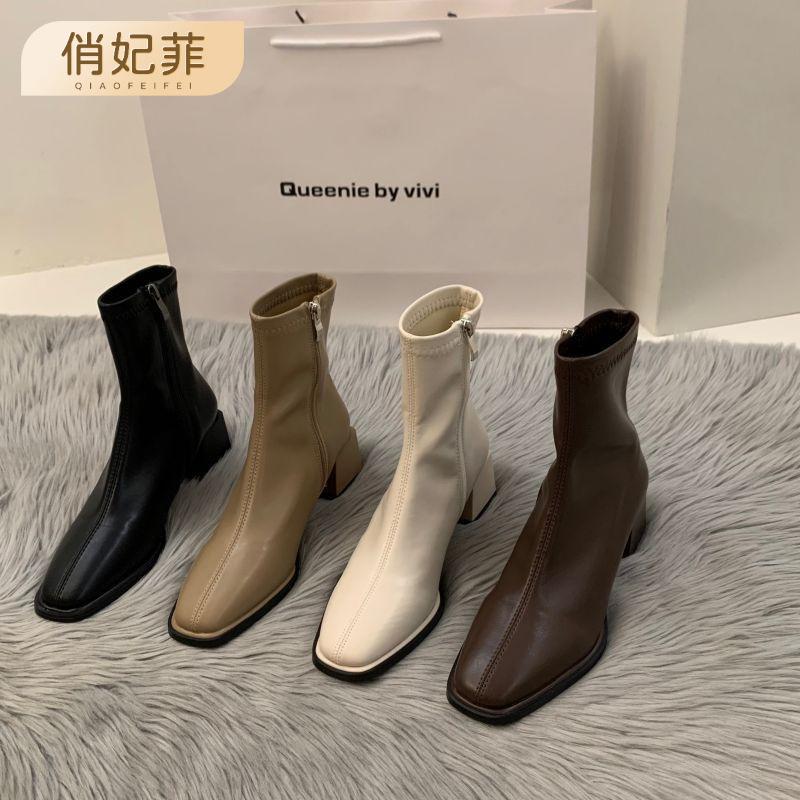 White high-heeled square head thin French small short boots women's shoes 2023 new spring and autumn single boots brown Martin boots