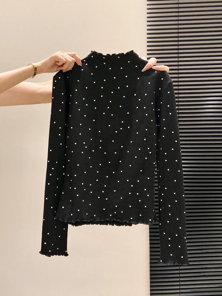 Women's Polka Dot Ruffle T-Shirt: Warm Long Sleeve, Half-High Collar Base Layer for Autumn/Winter