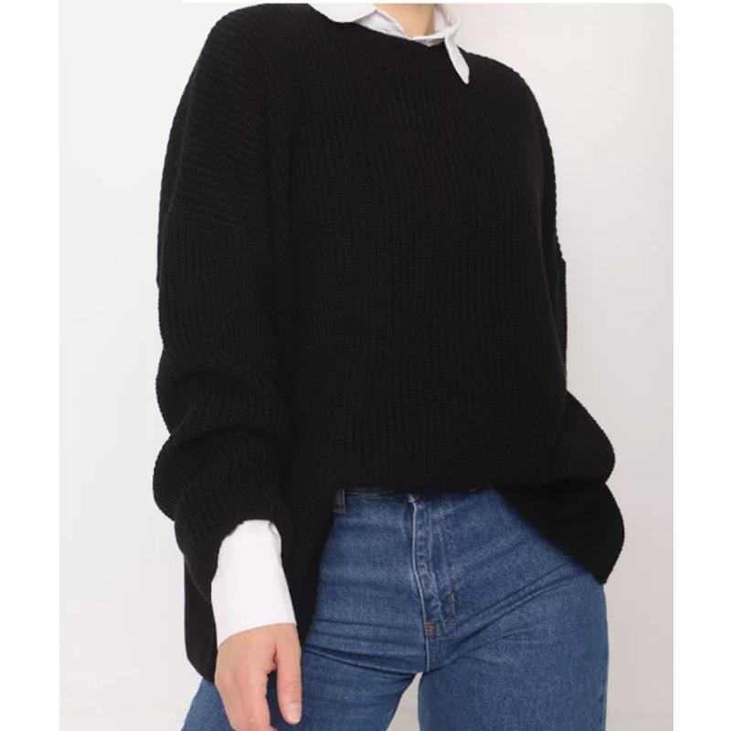 Solid color crew neck sweater spring and autumn loose knitted sweater top women pullover sweater women