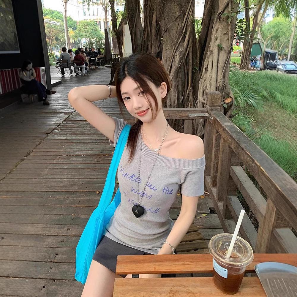 

Modal Off-Shoulder Letter Print Short Sleeve Women s Slimming Summer Top Medium серый