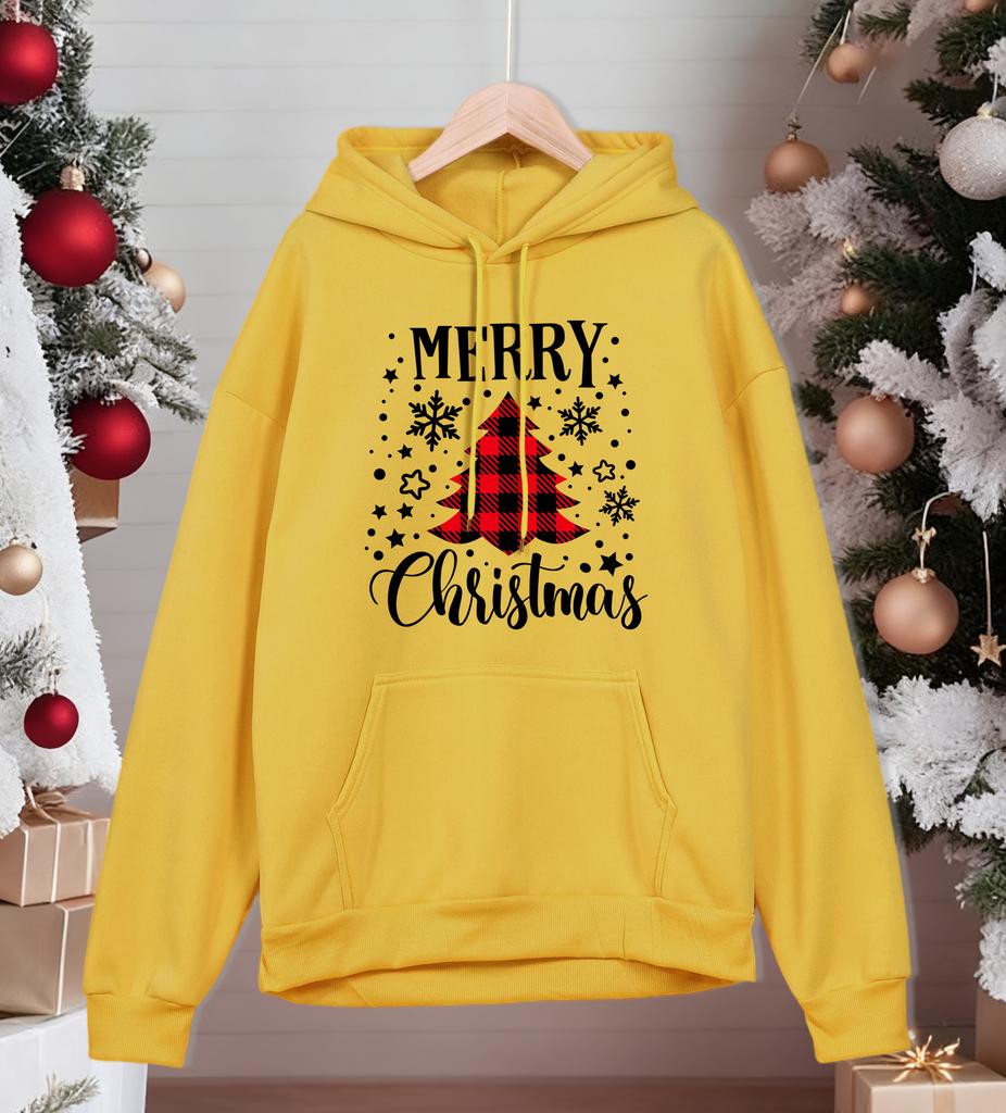 Merry Christmas Red Grid Tree Printing Hoodies Mens All-Match Casual Hoody Pocket Fleece Streetwear Comfortable Male Pullover
