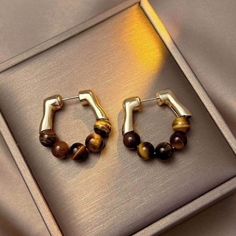 Silver Needle Explosive Tiger's Eye Stone Pendant Earrings Maillard Retro Temperament Versatile Earrings Light Luxury Premium Earrings Women