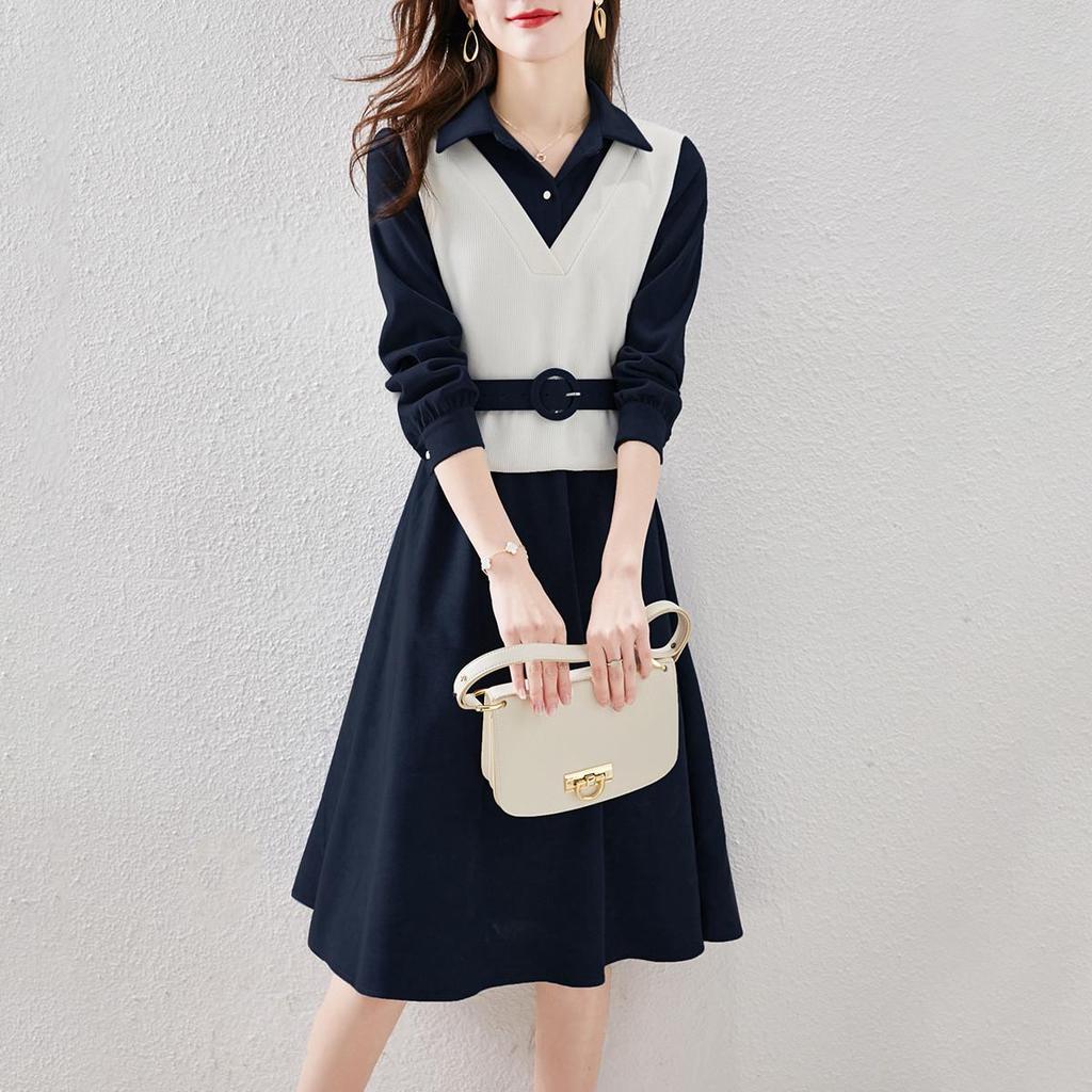 Spring 2024 Trendy Women's A-Line Dress: Long-Sleeved, Waist-Slimming with Large Swing Skirt