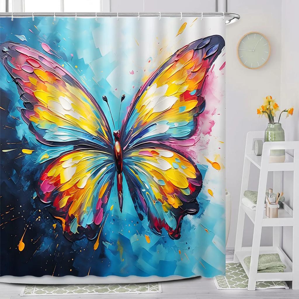 Butterfly Shower Curtain, Spring Flower Watercolor Farm Daisy Purple Flower Modern Simple Aesthetic Printed Bathroom Decoration