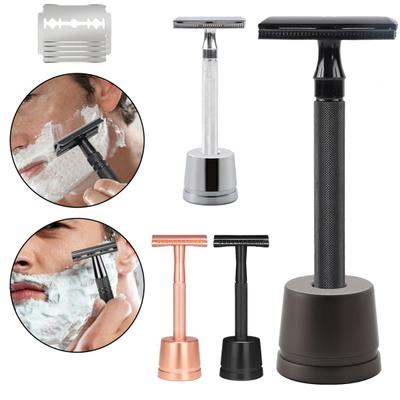 Rasoir de sécurité pour homme avec support Lame en acier inoxydable Brosse de nettoyage Double face Portable Voyage Manuel Mâle