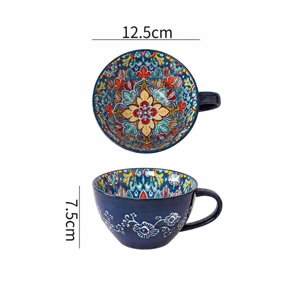 15oz Capacity Boho Ceramic Cup Hand Painted Heat Resistant Ethnic Style Ceramic Mug Microwave Safe Ceramic Milk Coffee Mug