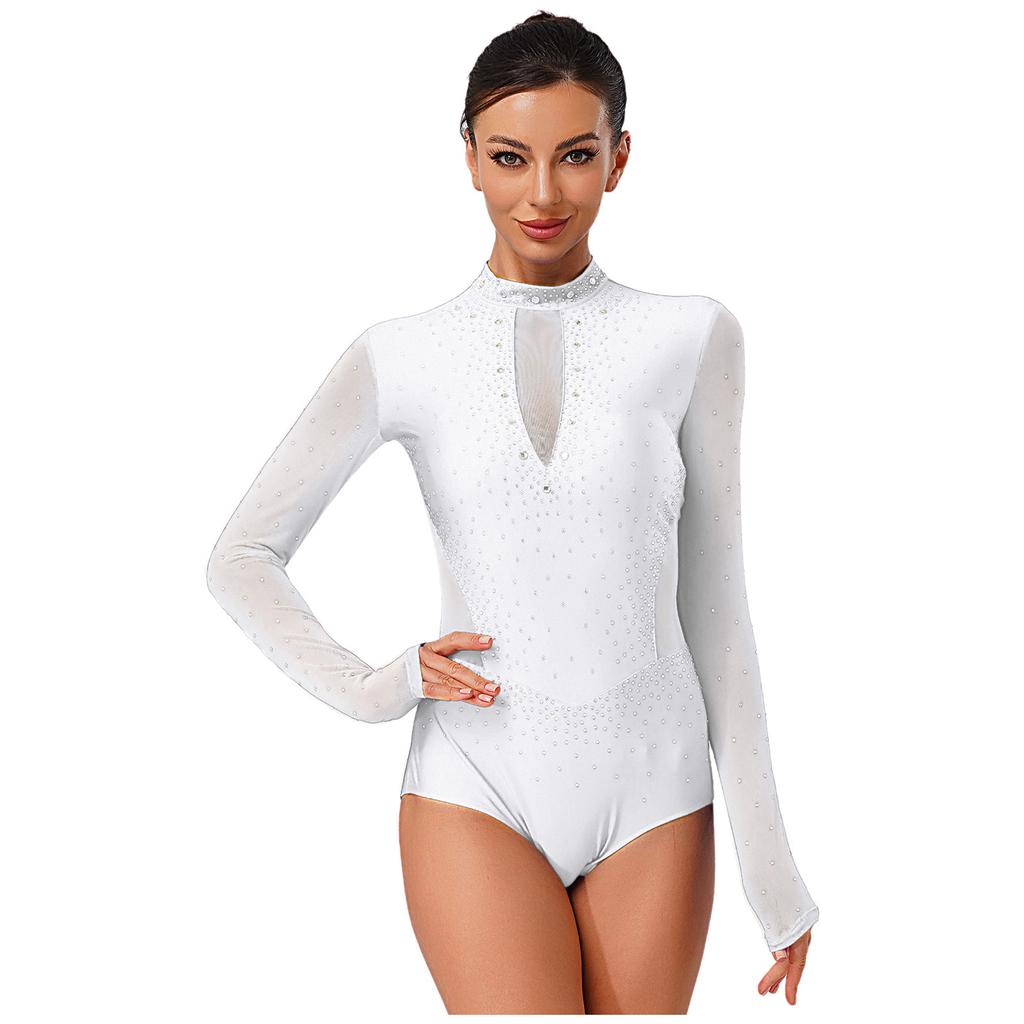 Dame Gymnastikk Kunstløp Drakter Langermet Gjennomsiktig Mesh Glitrende Rhinestone Bodysuit