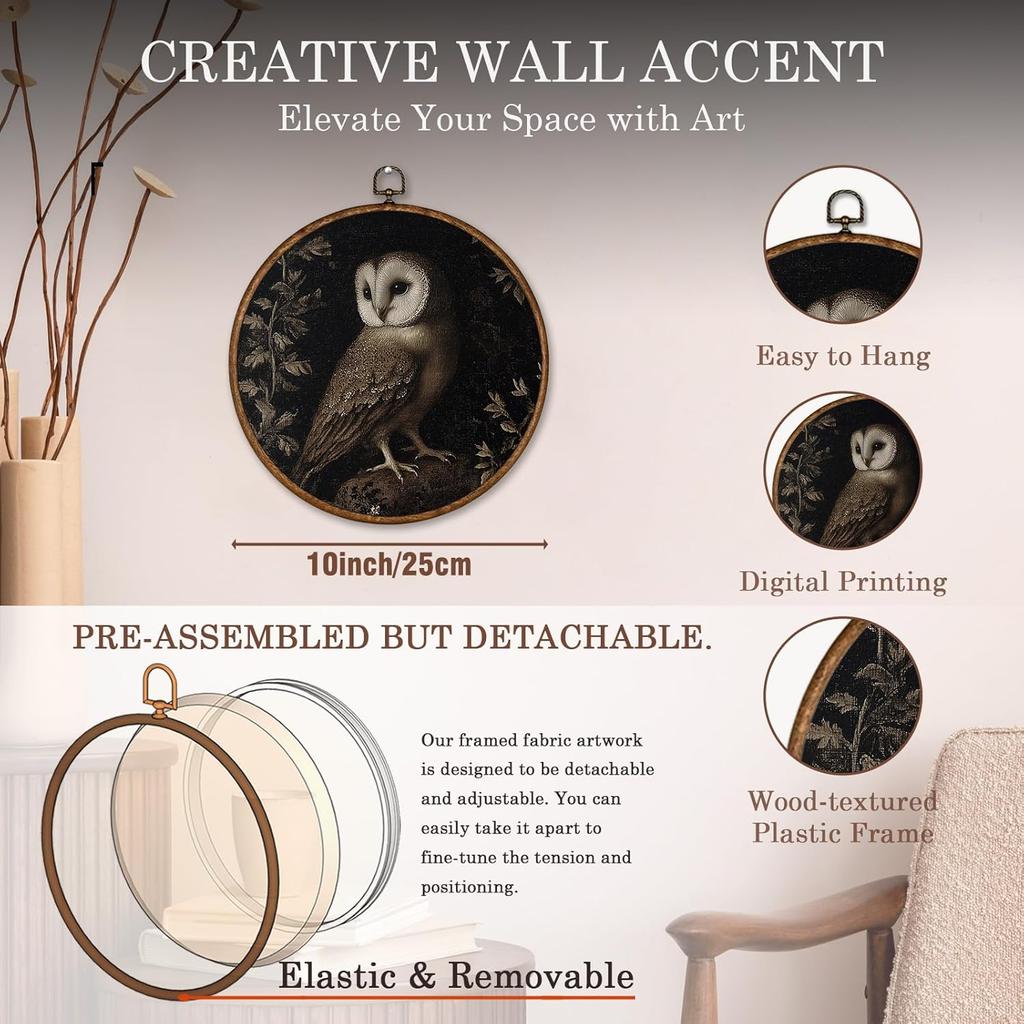 Voxitura Vintage Midnight Owl Fall Wall Art Round Framed, Black Goth Dark Wall Decor Canvas Hanging Living Room, Rustic Gothic Paintings Prints