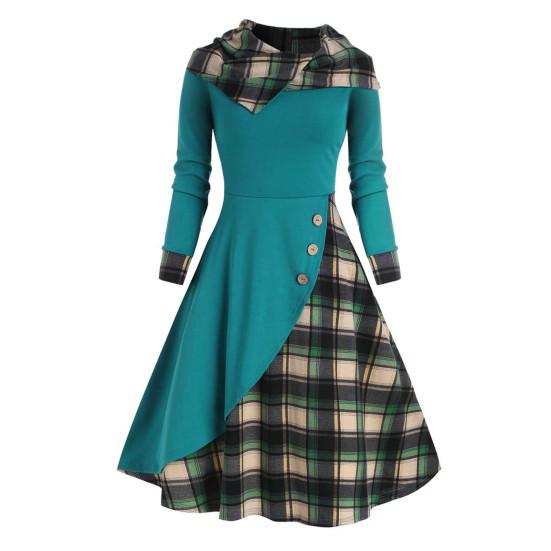 Irregular Pile Collar Hooded Button Decoration Waist Tight Autumn Dress Women Plaid Patchwork