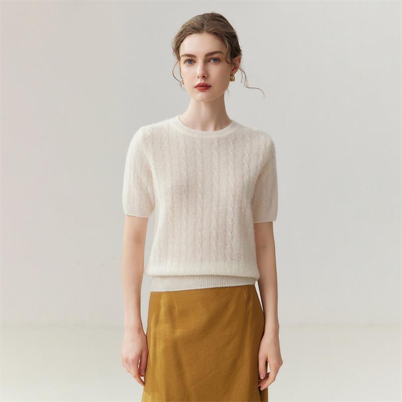Lekasha 100% Pure Cashmere Short-Sleeve Round-Neck Pullover.