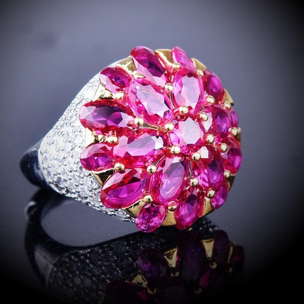 Plated Dragon Fruit Ring with High Carbon Diamond and Red Corundum Vintage Luxury Women Ring