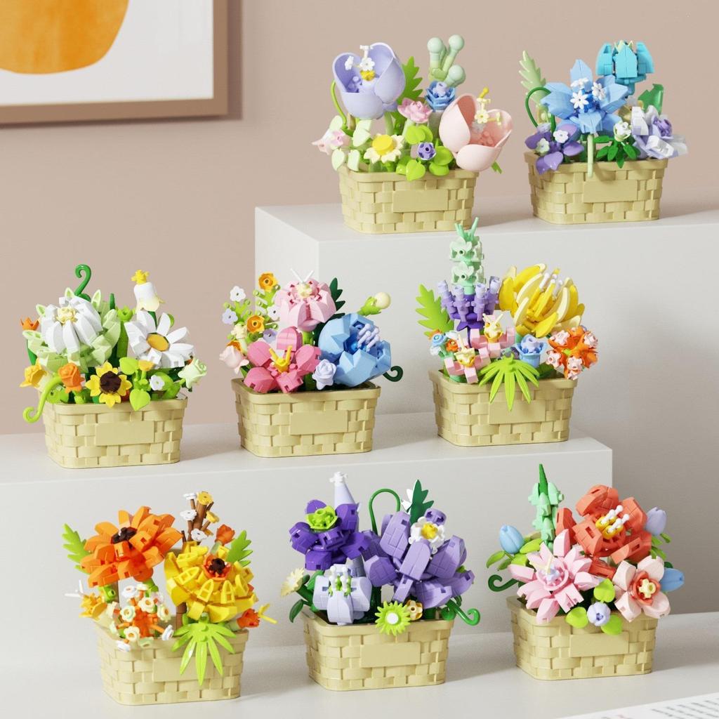 Bright Flower Basket: Preserved Flower & Succulent Building Block Set for Desktop Decor & Birthday Gifts