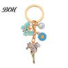 Butterfly Keychain Pendant with Round Imitation Pearls, Flower Enamel Charm Decorative Key Ring, Pastoral Style Layered Holder