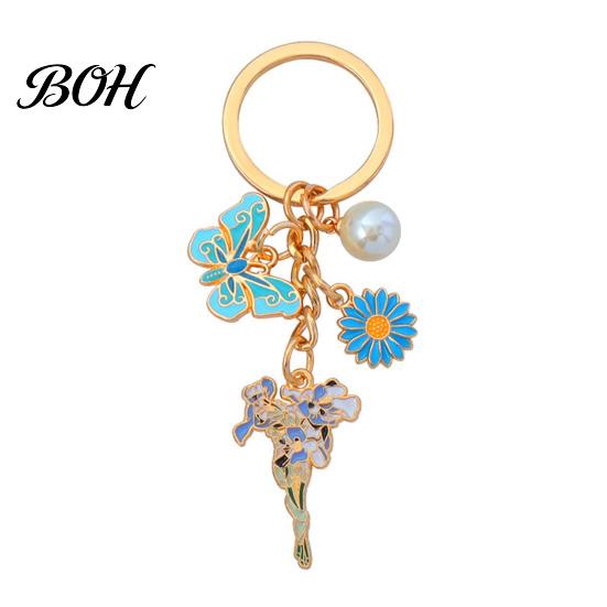 Butterfly Keychain Pendant with Round Imitation Pearls, Flower Enamel Charm Decorative Key Ring, Pastoral Style Layered Holder