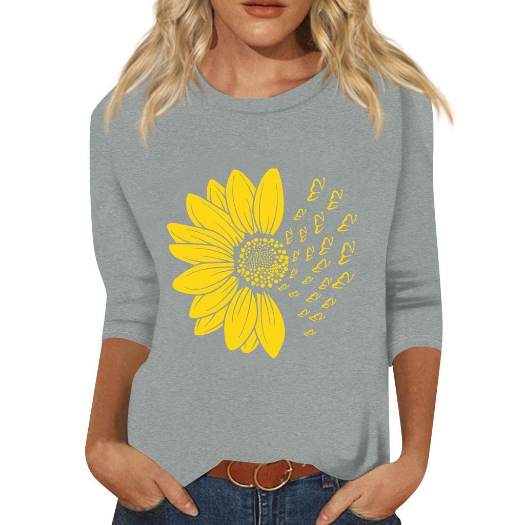 Women's Fashion Loose Casual Seven 3/4 Sleeve Printed Round Neck Pullover Top