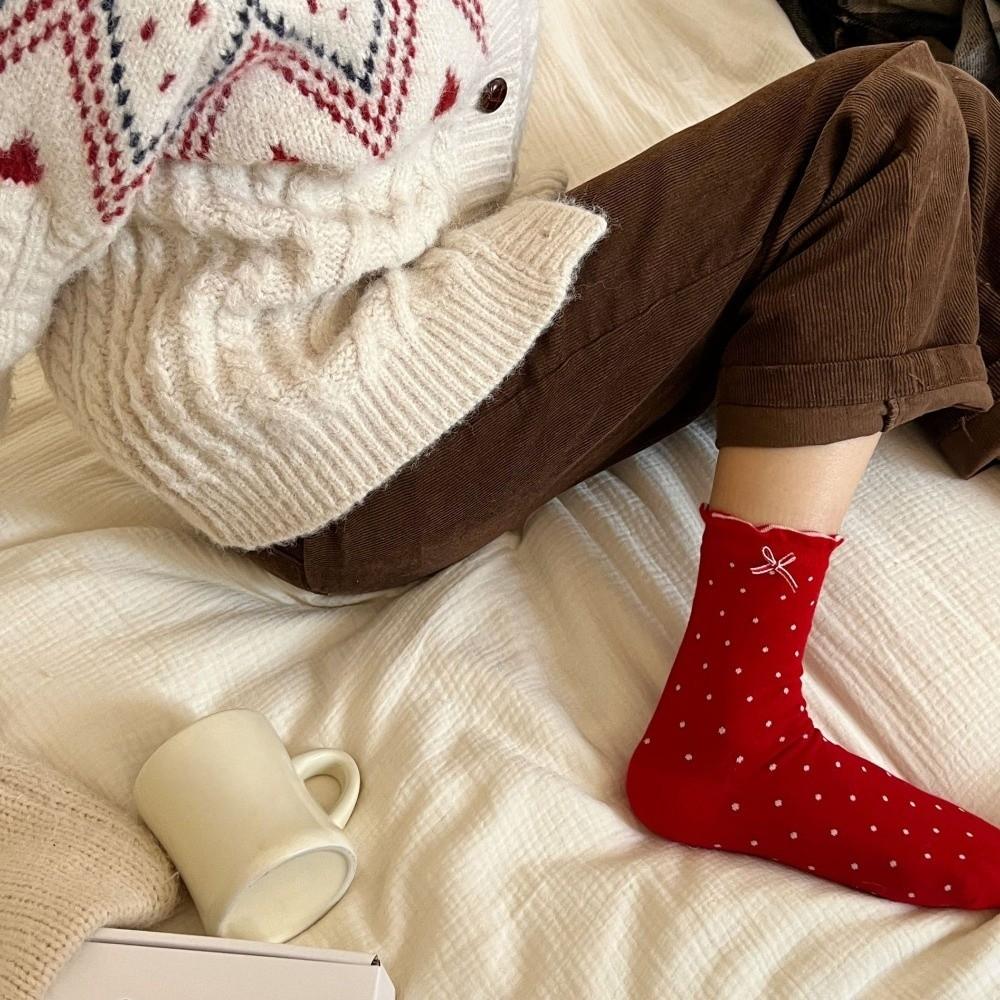 Breathable Red Socks Combed Cotton Flower Socks Bow Heart Polka Dot Socks Lunar New Year