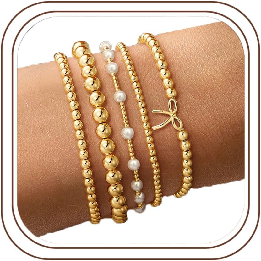 Yoosteel Gold Beaded Bracelets for Women Teen Girls, Gold Plated Jewelry | Gold Stackable Stretch Bracelets, Dainty Round Beaded Pearl Cross Bracelet