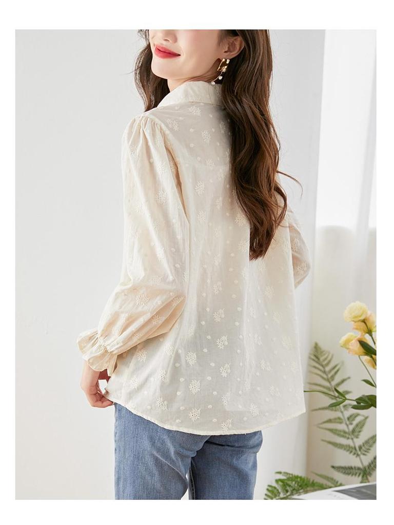 Women's Long Sleeve Pure Cotton Embroidered White Shirt - 2025 Spring Collection