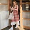 Damen Sommer 2025 Spitzen-Patchwork-Karos-Trägerkleid: Frisch, Locker, Schlankmachend Falsches Zweiteiler
