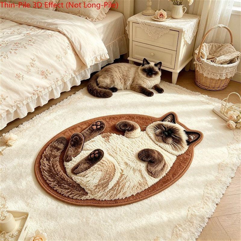 Shaped Lying Siamese Cat Floor Mat Thin‑Pile 3D Visual Effect Non‑Slip Rug For Bedroom Living Room Animal Home Decor