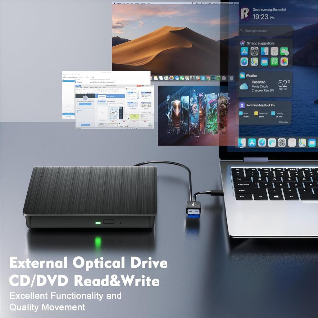 External DVD CD Drive, 2 In 1 USB 3.0 Type-C Portable CD Burner, CD ROM +/-RW External CD Player for PC Laptop Desktop