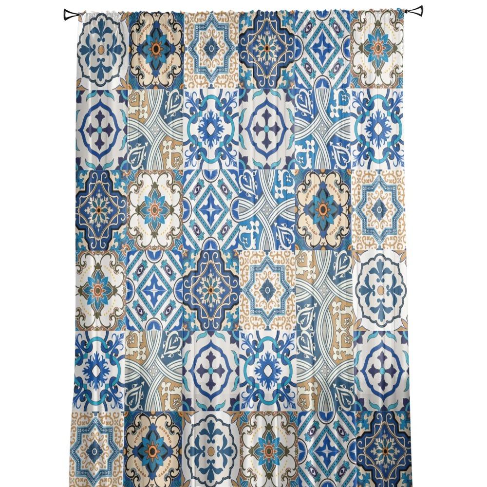Portuguese Ethnic Floral Ceramic Tile Fine Netting Transparent Window Panel Drapes Perfect for Living Room Bed Chamber Modern Voile Organza Drapes