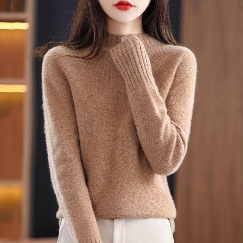 Women's Wool Sweater: Autumn/Winter Half-High Neck, Warm, Solid Color, Loose Fit, Commuter Style