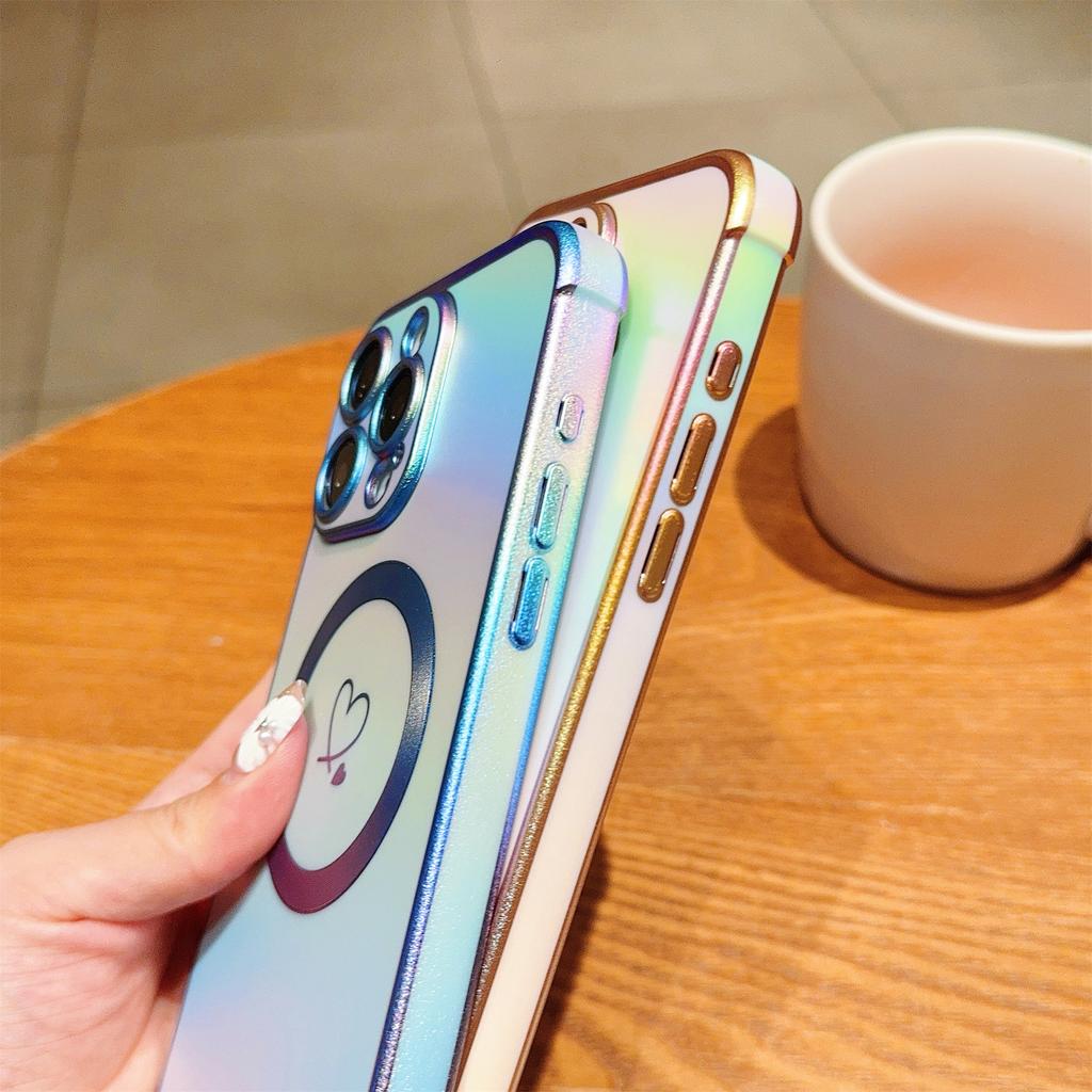 For iPhone 13 Pro Max Magnetic Case Side Love Heart TPU Phone Cover Gradient Holographic