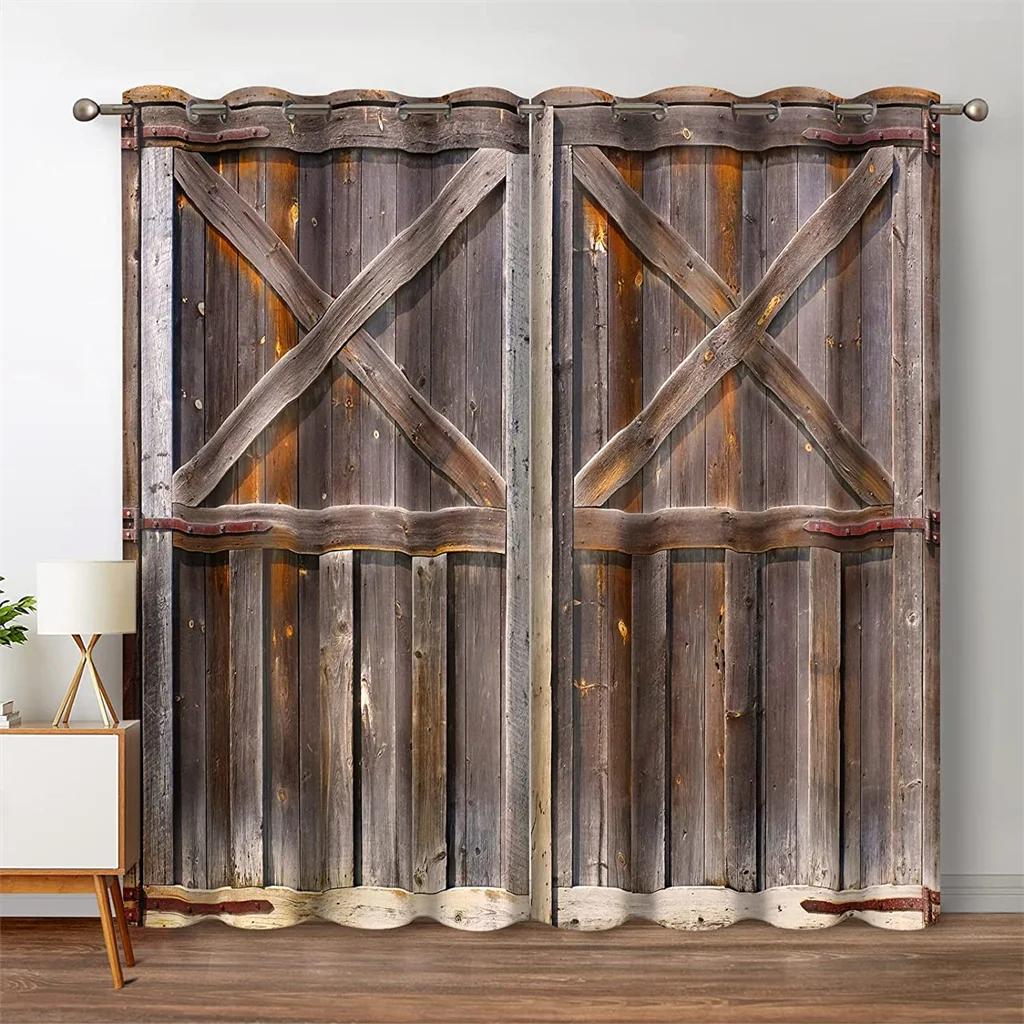 Retro Stylish Printing Wooden Door Style Light-Filtering Curtains,Vintage Decorative Elements Curtain for Living Room Bedroom