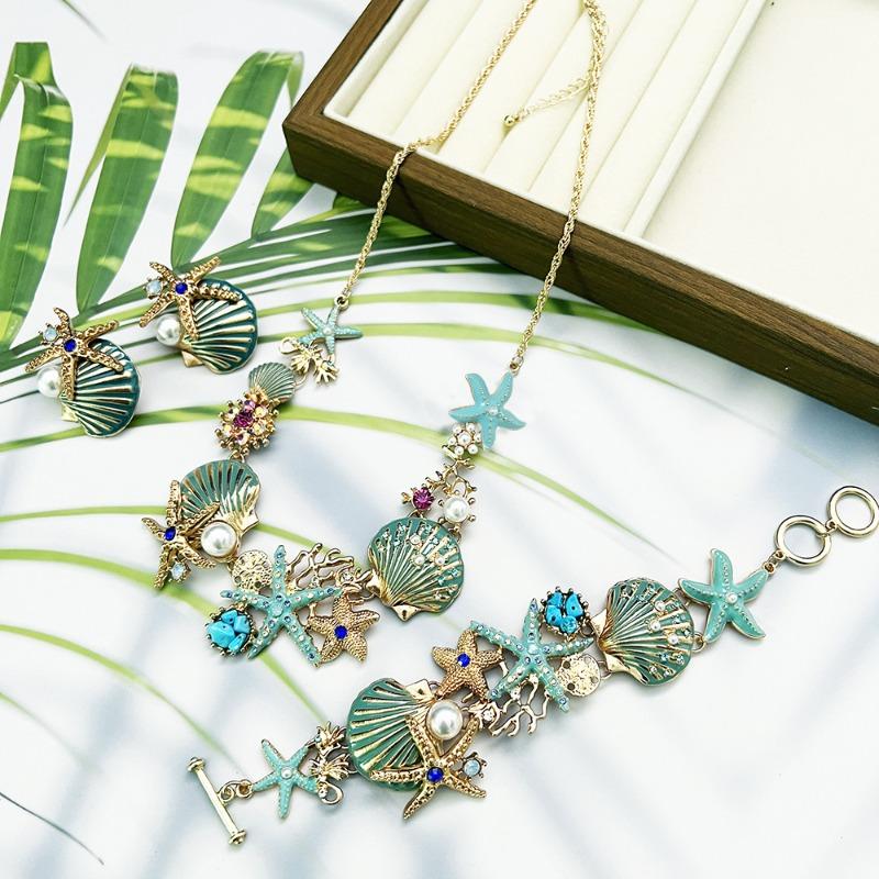 Island style beach starfish vacation four-piece set chain alloy diamond-encrusted bohemian shell jewelry