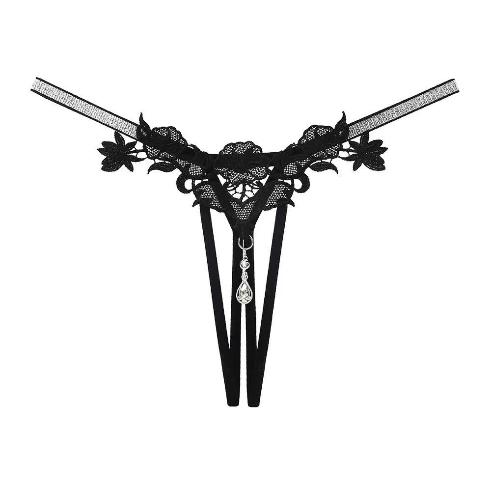 European & American Sparkling Rhinestone Embroidered Lingerie - Women's Open Crotch Hollow-Out Sexy Thong