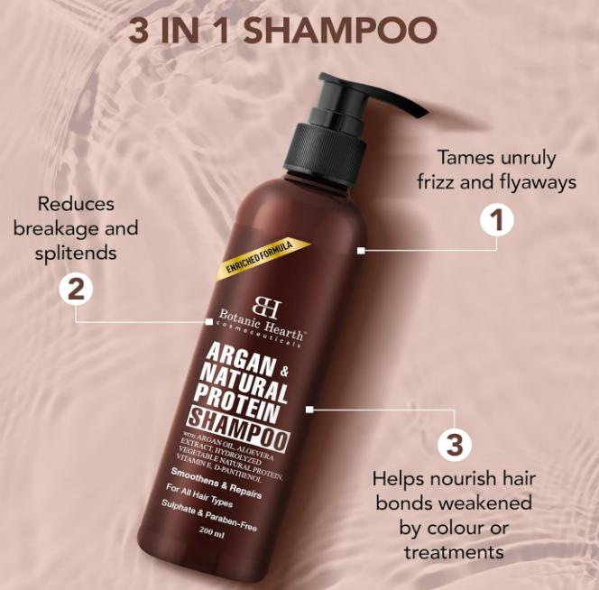 Shampooing à l'argan et à la kératine Botanic Hearth avec 100 % d'huile d'argan pure et d'extraits d'aloès Shampooing pour femmes et hommes 200 ml