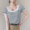 U-neck Striped Ice Silk Sweater Short-sleeved Women's Pullover Summer Versatile Short Contrasting Base Shirt