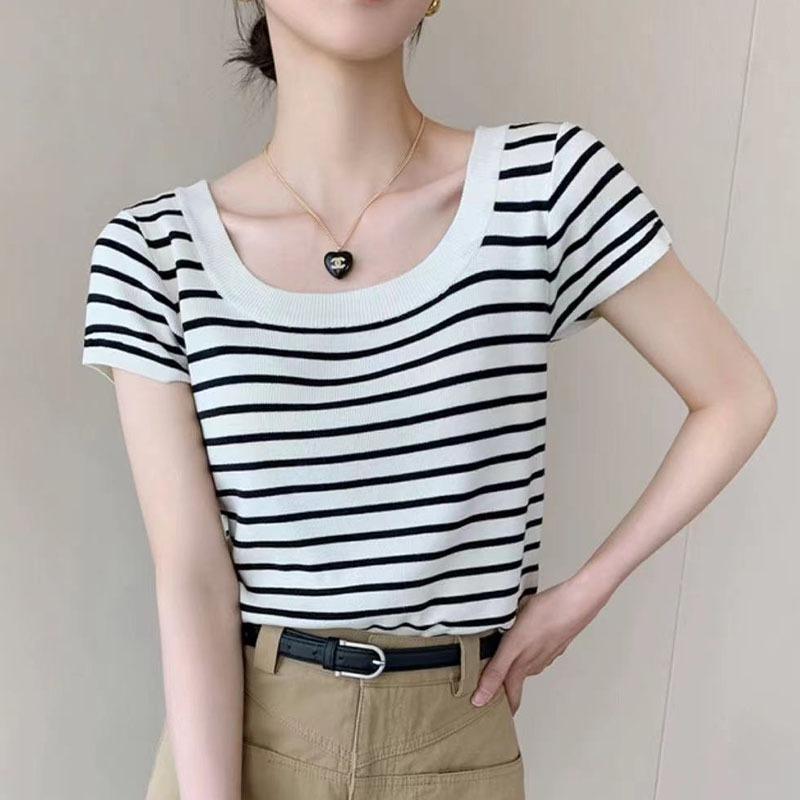 U-neck Striped Ice Silk Sweater Short-sleeved Women's Pullover Summer Versatile Short Contrasting Base Shirt