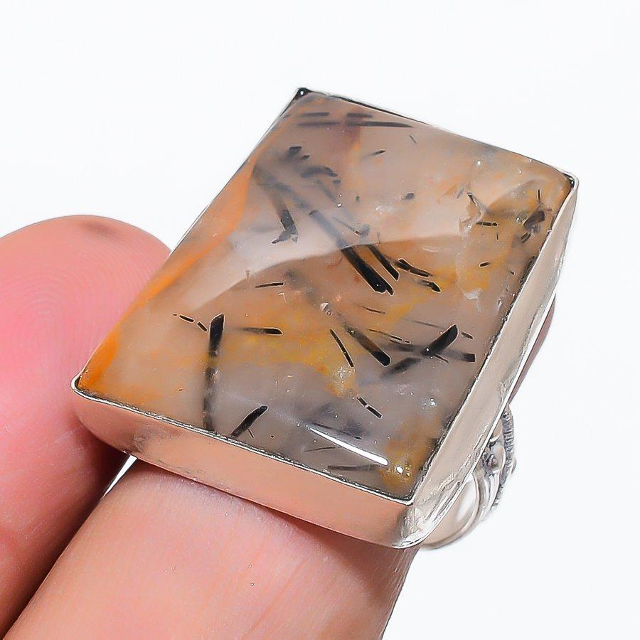 

Natural Black Rutile Gemstone 925 Sterling Silver Jewelry Ring Size 8 Z9v50