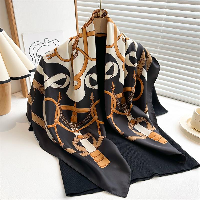 Luxury Brand Square Silk Scarf Women Vintage Satin Scarf Neck Hair Band Soft Work Hairband Ribbon Foulard Headband 90X90cm Shawl