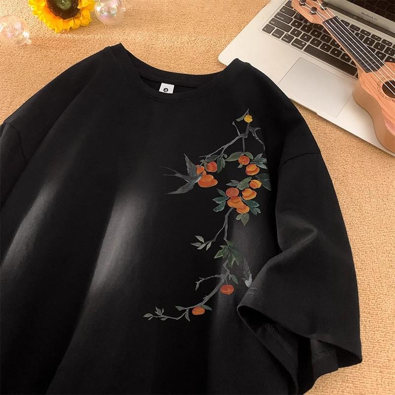 Camiseta de Manga Corta de Moda Versátil Holgada Holgada de Estilo Nacional para Mujer de Verano