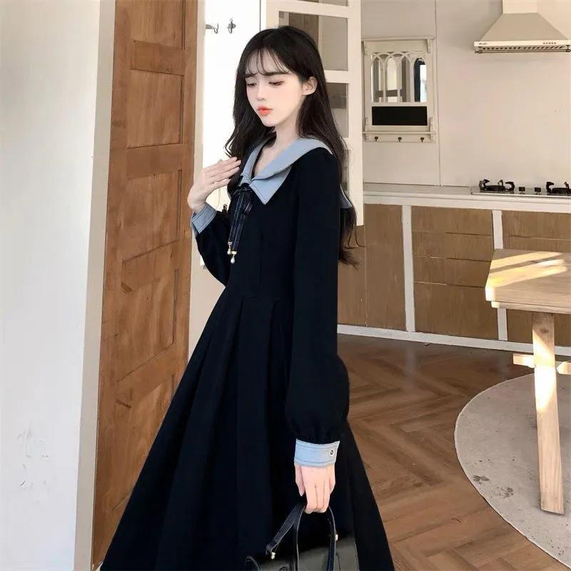 Übergröße Damen Preppy Französisches Marineblau Langarmkleid mit Schlank machender Taille und Figurbetonter Passform