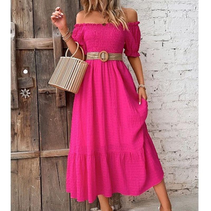 

European Station Summer Rose Red Slim Fit Dress Short Sleeve Rose Red XL