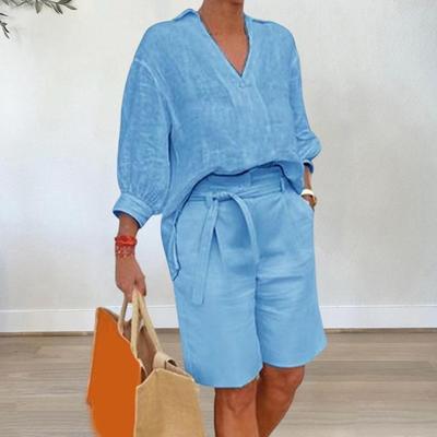 Dámský bavlněno-lněný dvoudílný outfit ležérní výstřih do V poloviční rukáv klopový košile a šortky se širokými nohavicemi s páskem letní souprava na doma s kapsami