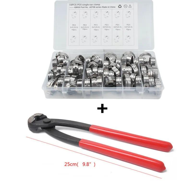 

60 x 3/4 Single Ear Plus Stainless Steel Hydraulic Hose Clamps O-Clips Pipe Fuel Air Clamps with Plier Tool